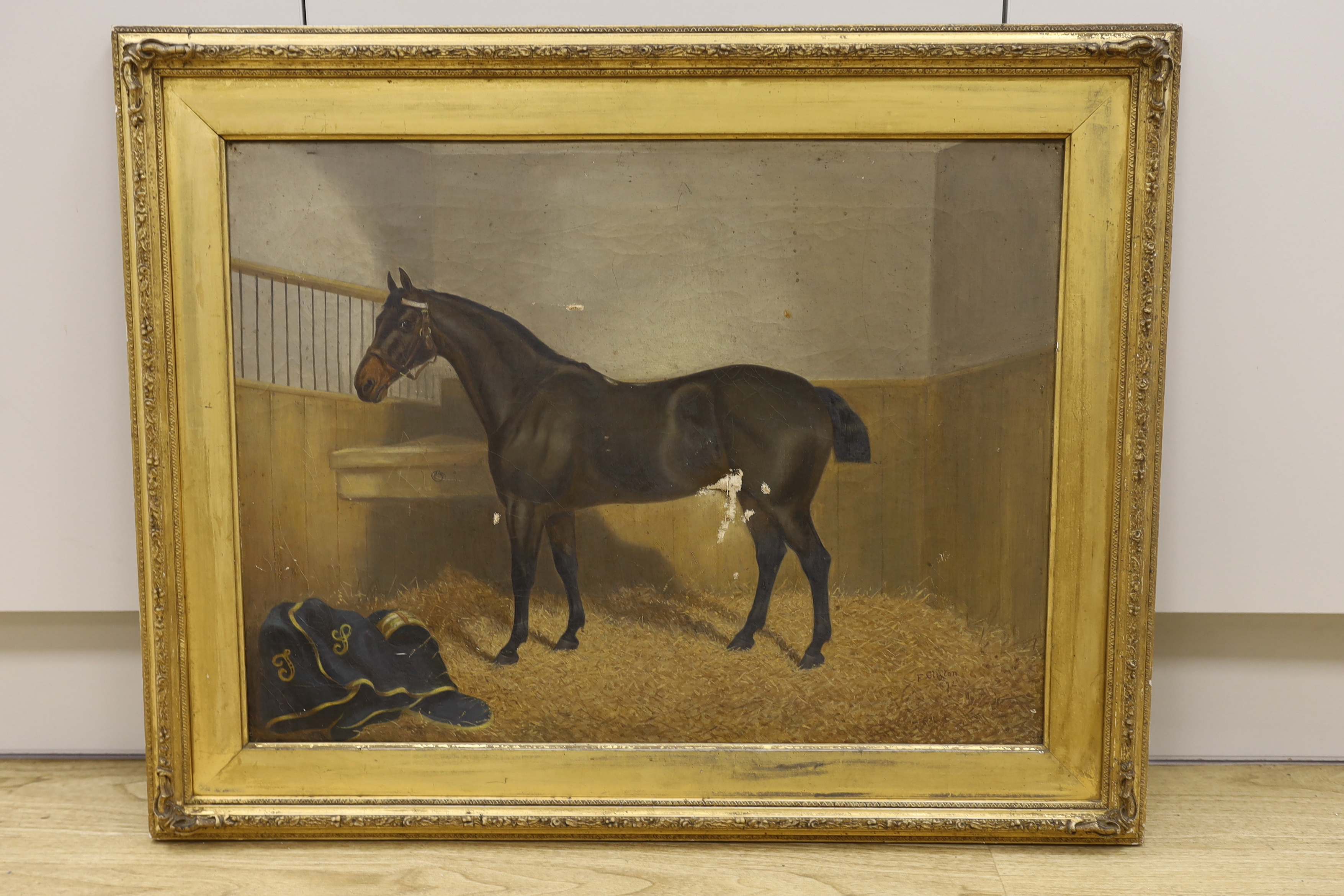 F. Clifton (19th century) oil on canvas, Study of a horse in a stable, signed and dated 1892, George Rowney & Co. London stamp verso, 60 x 45cm